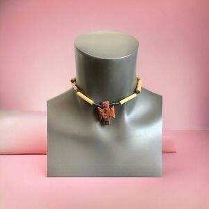 Wood Bead Necklace 15" Cross Pendant 1" Engraved Crystal Accents Natural Jewelry